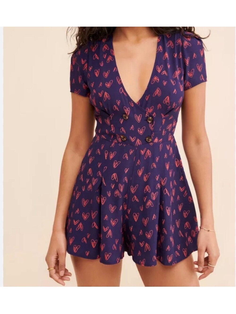 Urban Outfitters Juliette Printed Heart Short Sleeve Romper small